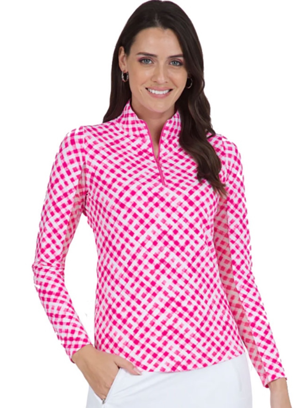 IBKUL | Pink Gingham Check Essential Mock Womens Golf Quarter-Zip NWT